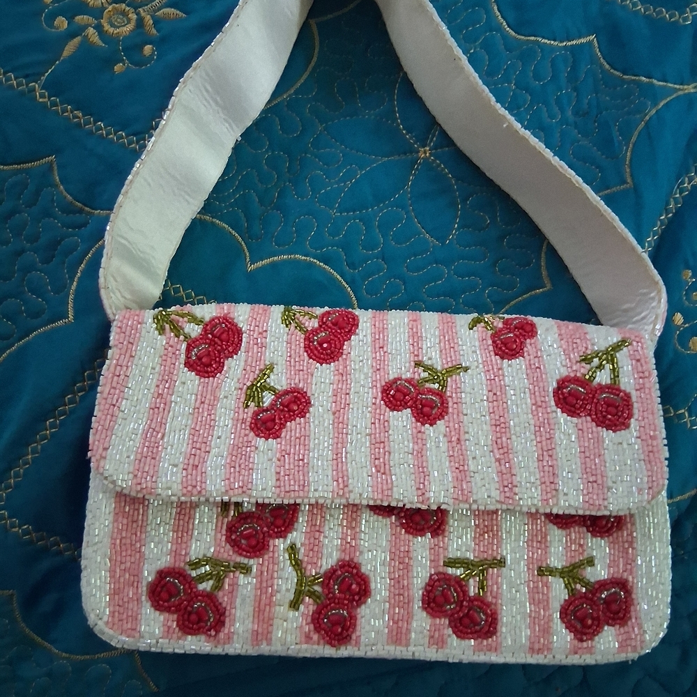 Pink and White Beaded Cherry Shoulder Bag